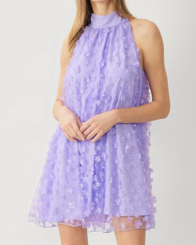 Front of a model wearing a size Large 3D Floral Mini Dress In Lavender in Lavender by entro. | dia_product_style_image_id:352077
